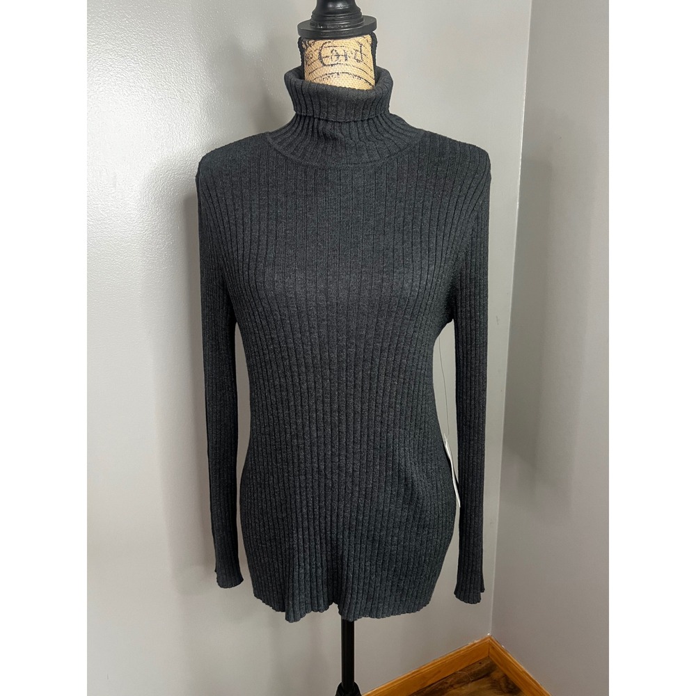 Chico's Ribbed Turtleneck Sweater Graphite Heather Gray LS Pullover M Preppy